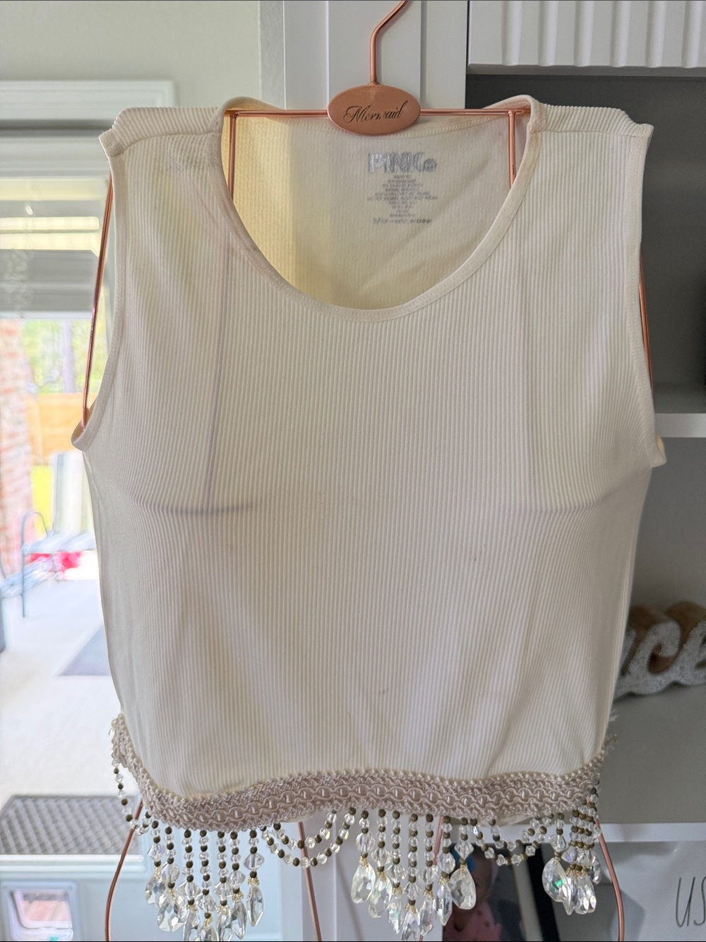 Cream Ribbed Tank with Beaded Fringe Hem